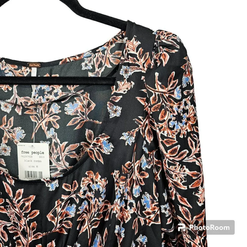 FREE PEOPLE Santiago Blouse Black Floral Long Sleeve Scoop Neck Smock Top